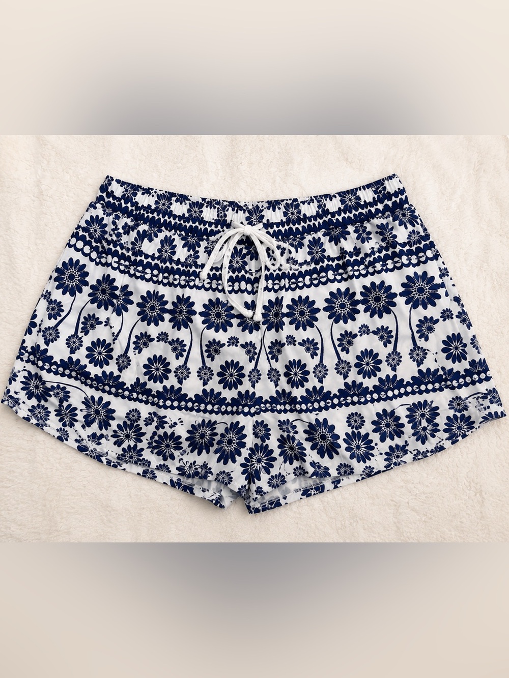 Emory Rose White and Navy Floral Drawstring Athletic Shorts